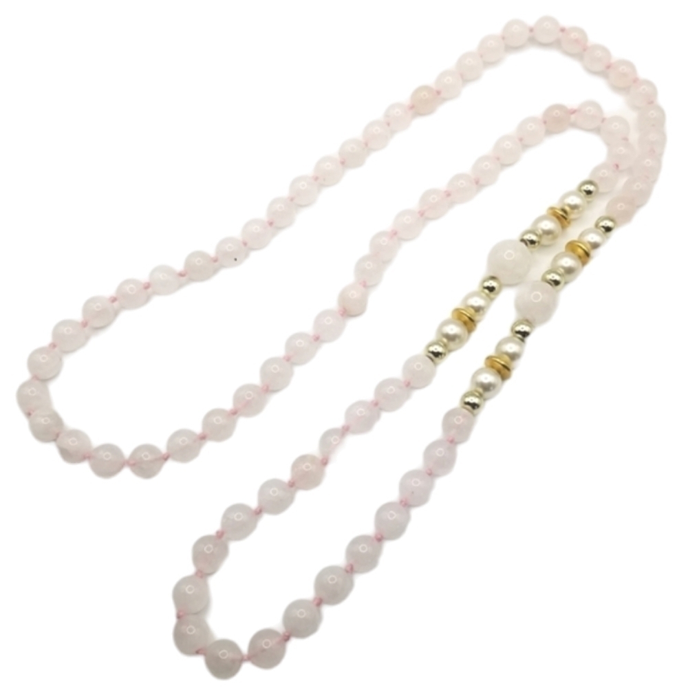 Rose Quartz Hand Knotted Bead Necklace Silver Gold Tone Accent Faux Pearl 32"